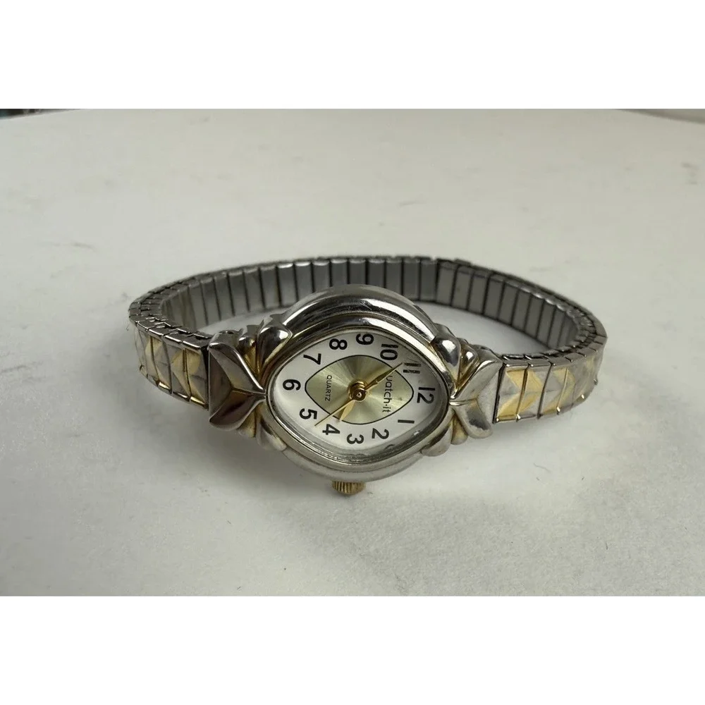 Watch It 90s Vintage Gold Silver 2 Tone Oval Quartz Stretch Band Bracelet Watch